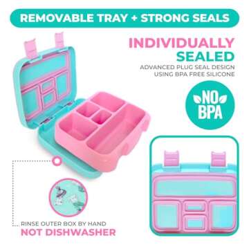 Kinsho Bento Lunch Box for Kids, 5 Sections, Aqua Cat Mermaid