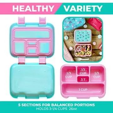 Kinsho Bento Lunch Box for Kids, 5 Sections, Aqua Cat Mermaid