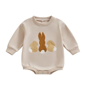Lesimsam Newborn Baby Boy Girl Easter Outfit Bunny Embroidery Sweatshirt Romper Oversized Long Sleev...