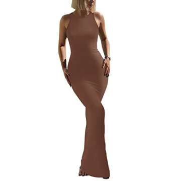 REORIA Women's Summer Sexy Casual Lounge Tank Long Dress Elegant Wedding Guest Sleeveless Halter Neck Bodycon Maxi Dresses Coffee Medium