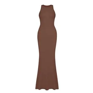 REORIA Women's Summer Sexy Casual Lounge Tank Long Dress Elegant Wedding Guest Sleeveless Halter Neck Bodycon Maxi Dresses Coffee Medium