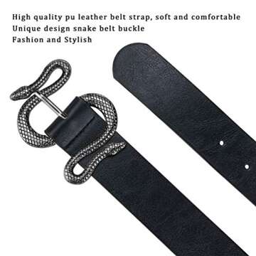 taffeta alley Goth Black Belt Women,Snake Buckle Leather Belts for Women For Jeans and Trousers, Black Buckle 110cm