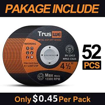 Truswe Cut Off Wheels 52 Pack,4 1/2 Inch,0.45 USD/Pack,Metal and Stainless Steel Cutting Wheel for Angle Grinder,Ultra Thin Cut-Off Wheel Cutting Disc (52 PCS 4-1/2 x .045 x 7/8 inch Cut Off Wheels)