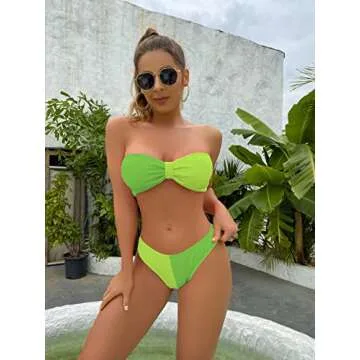 SherryDC Women's Self Tie Knot Strapless Bandeau High Cut High Leg Bikini Swimsuit