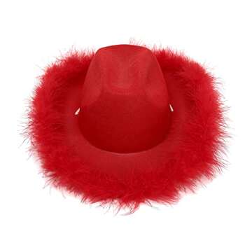 Amybasic Red Cowboy Hat, Red Cowgirl Hat, Feather Boa Cowgirl Hat for Teengae Girls or Women