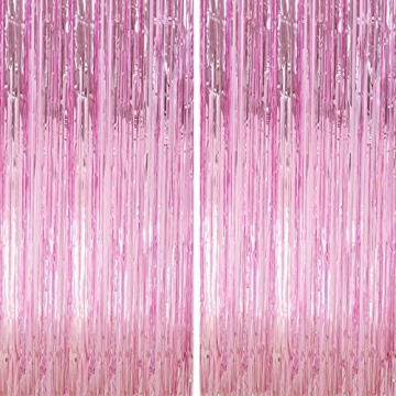 Crosize 2 Pack 3.3 x 9.9 ft Pink Foil Fringe Backdrop Curtain, Streamer Backdrop Curtains, Streamers...