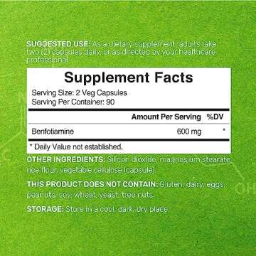 Benfotiamine 600mg Per Serving, 180 Veggie Capsules (300mg Per Cap) – Fat Soluble Vitamin B1 Thiam...