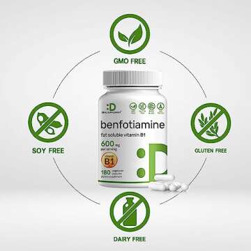 Benfotiamine 600mg Per Serving, 180 Veggie Capsules (300mg Per Cap) – Fat Soluble Vitamin B1 Thiamine Supplement – 3rd Party Tested, Vegan, Non-GMO, Gluten Free