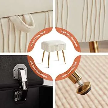 Soohow Vanity Chair Storage Vanity Stool Ottoman Foot Rest, Makeup Vanity Stool with Gold Hot Stamping, Vanity Chair for Makeup Room, Foot Stool for Living Room, Bedroom, Storage Ottoman，Metal Legs