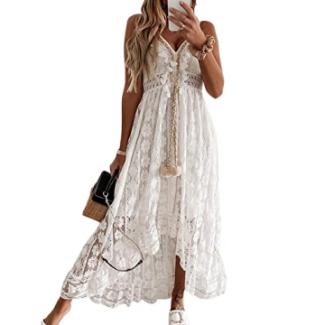 CUPSHE Women's Summer Dresses Sleeveless Lace Casual Tassel Beach Spaghetti Straps Flowy Maxi Sun Dress White, L