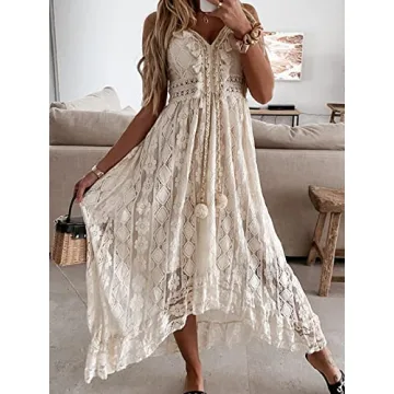 CUPSHE Women's Summer Dresses Sleeveless Lace Casual Tassel Beach Spaghetti Straps Flowy Maxi Sun Dress White, L