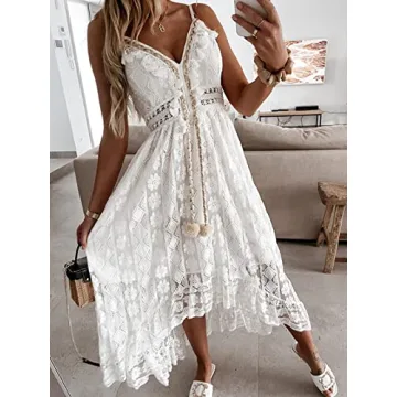 CUPSHE Women's Summer Dresses Sleeveless Lace Casual Tassel Beach Spaghetti Straps Flowy Maxi Sun Dress White, L