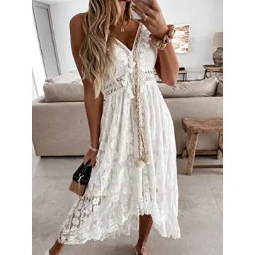 CUPSHE Women's Summer Dresses Sleeveless Lace Casual Tassel Beach Spaghetti Straps Flowy Maxi Sun Dress White, L