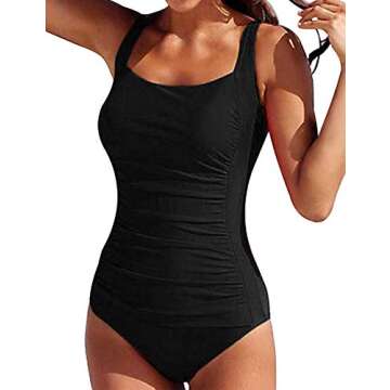 Firpearl Women's One Piece Swimsuit Vintage Tummy Control Bathing Suit Plus Size Swimwear US6 Black