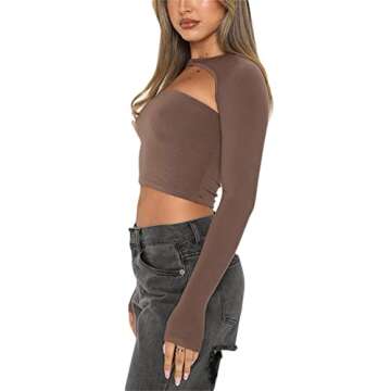 Women Cutout Long Sleeve Top Shirt Low Cut Bodycon Crop Top Hollow Out Halter Blouse Top (Cutout Brown,Small)