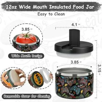 Pawtong 12oz Insulated Vacuum Food Jar with Buckle Lid Wide Mouth Soup Thermo for Hot Food Kids Leakproof Stainless Steel Lunch Container (Black-Game)