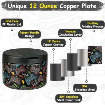 Pawtong 12oz Insulated Vacuum Food Jar with Buckle Lid Wide Mouth Soup Thermo for Hot Food Kids Leakproof Stainless Steel Lunch Container (Black-Game)