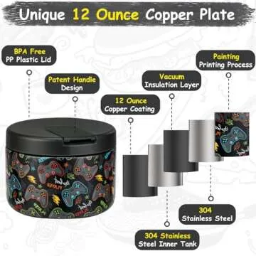 Pawtong 12oz Insulated Vacuum Food Jar with Buckle Lid Wide Mouth Soup Thermo for Hot Food Kids Leakproof Stainless Steel Lunch Container (Black-Game)