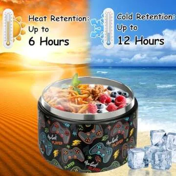 Pawtong 12oz Insulated Vacuum Food Jar with Buckle Lid Wide Mouth Soup Thermo for Hot Food Kids Leakproof Stainless Steel Lunch Container (Black-Game)