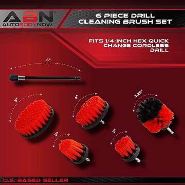 ABN 1/4in Drive Nylon Power Scrubber Drill Brush Attachment 5pc Set with 1pc Extension - Shower Cleaner, Spa Hot Tub Scrubber, Carpet Brush, Grout Cleaner for Home and Auto Car - Red Stiff Bristle
