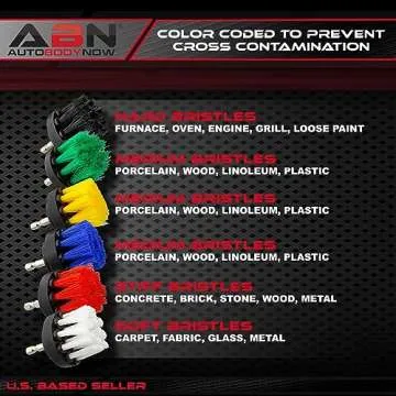 ABN 1/4in Drive Nylon Power Scrubber Drill Brush Attachment 5pc Set with 1pc Extension - Shower Cleaner, Spa Hot Tub Scrubber, Carpet Brush, Grout Cleaner for Home and Auto Car - Red Stiff Bristle