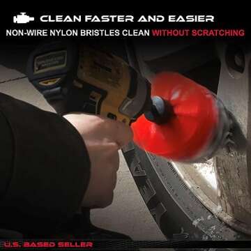 ABN 1/4in Drive Nylon Power Scrubber Drill Brush Attachment 5pc Set with 1pc Extension - Shower Cleaner, Spa Hot Tub Scrubber, Carpet Brush, Grout Cleaner for Home and Auto Car - Red Stiff Bristle