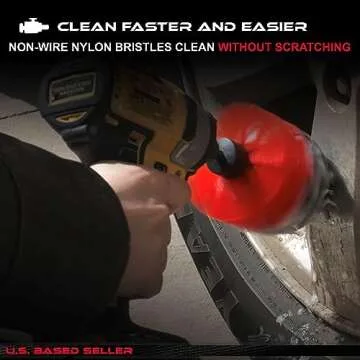 ABN 1/4in Drive Nylon Power Scrubber Drill Brush Attachment 5pc Set with 1pc Extension - Shower Cleaner, Spa Hot Tub Scrubber, Carpet Brush, Grout Cleaner for Home and Auto Car - Red Stiff Bristle