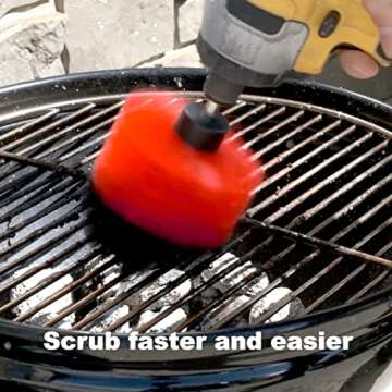 ABN 1/4in Drive Nylon Power Scrubber Drill Brush Attachment 5pc Set with 1pc Extension - Shower Cleaner, Spa Hot Tub Scrubber, Carpet Brush, Grout Cleaner for Home and Auto Car - Red Stiff Bristle