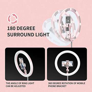 Adjustable 10 Inches Ring Light, JPFS Foldable Travel Ring Light with Stand, 3 Color Modes Selfie Ring Light for iPhone & Android, Led Ring Light for Live Stream/Makeup/YouTube Video, Pink