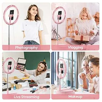 Adjustable 10 Inches Ring Light, JPFS Foldable Travel Ring Light with Stand, 3 Color Modes Selfie Ring Light for iPhone & Android, Led Ring Light for Live Stream/Makeup/YouTube Video, Pink