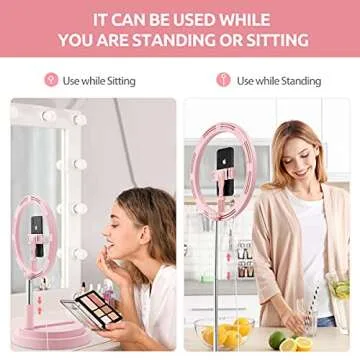 Adjustable 10 Inches Ring Light, JPFS Foldable Travel Ring Light with Stand, 3 Color Modes Selfie Ring Light for iPhone & Android, Led Ring Light for Live Stream/Makeup/YouTube Video, Pink
