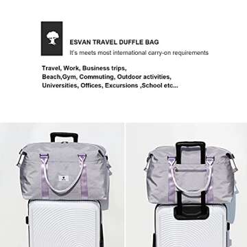 ESVAN Travel Tote Duffel Gym Bag,Weekender Overnight Carry-on Tote Crossbody Bag with Wet Pocket and Trolley Sleeve Upgraded ([E] Light Purple)