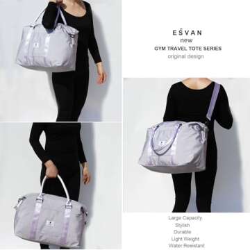 ESVAN Travel Tote Duffel Gym Bag,Weekender Overnight Carry-on Tote Crossbody Bag with Wet Pocket and Trolley Sleeve Upgraded ([E] Light Purple)