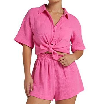 Flygo Women's Casual 2 Piece Outfits Cotton Linen Resort Wear Lounge Set 2024