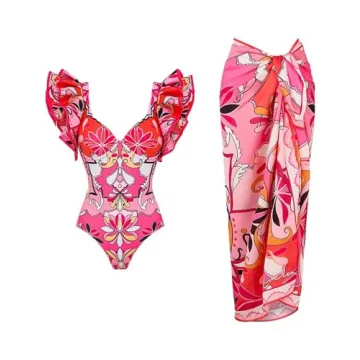 FLAXMAKER Women's One Piece Ruffle Sleeveless Bathing Suit with Sarong - Stylish Full Coverage Swimw...