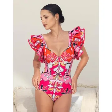 FLAXMAKER Women's One Piece Ruffle Bathing Suit Set