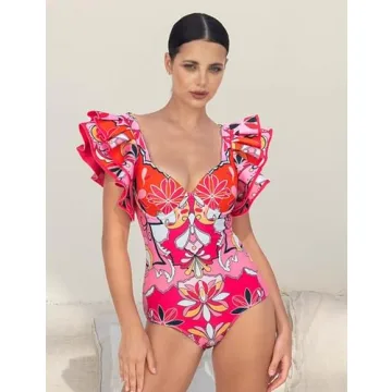 FLAXMAKER Women's One Piece Ruffle Bathing Suit Set