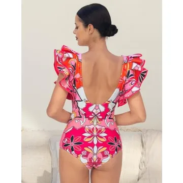 FLAXMAKER Women's One Piece Ruffle Bathing Suit Set
