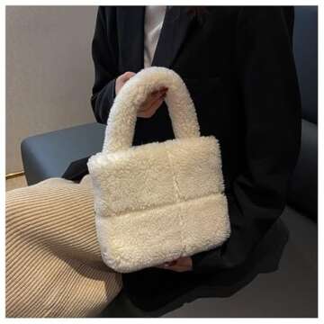 Fluffy Sherpa Mini Tote Bag for Women Girls Kawaii Purse Cute Tote Bag Aesthetic Soft Plush Handbag with Top Handle (White,one size)