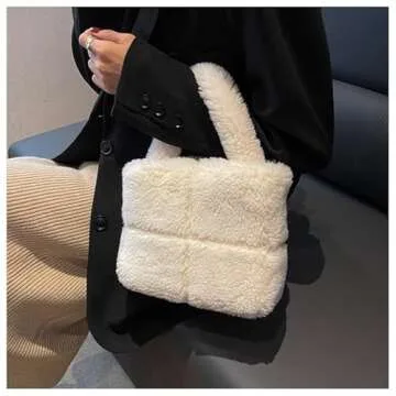 Fluffy Sherpa Mini Tote Bag for Women Girls Kawaii Purse Cute Tote Bag Aesthetic Soft Plush Handbag with Top Handle (White,one size)