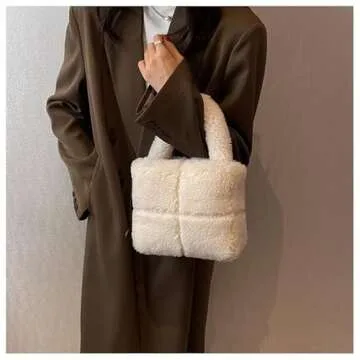 Fluffy Sherpa Mini Tote Bag for Women Girls Kawaii Purse Cute Tote Bag Aesthetic Soft Plush Handbag with Top Handle (White,one size)