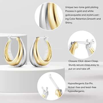 PICKBEAU 18K Two-tone Gold Silver Curve Earrings for Women | Light Weight Italian Design Click Top Chunky Hoop Earrings for Women