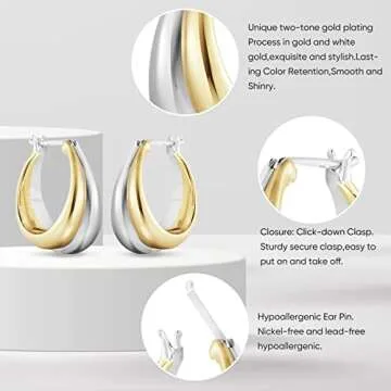 PICKBEAU 18K Two-tone Gold Silver Curve Earrings for Women | Light Weight Italian Design Click Top Chunky Hoop Earrings for Women