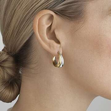 PICKBEAU 18K Two-tone Gold Silver Curve Earrings for Women | Light Weight Italian Design Click Top Chunky Hoop Earrings for Women