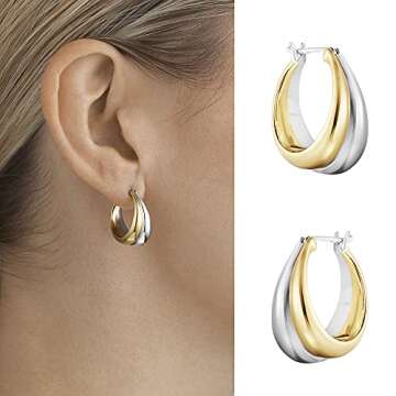 PICKBEAU 18K Two-tone Gold Silver Curve Earrings for Women | Light Weight Italian Design Click Top Chunky Hoop Earrings for Women