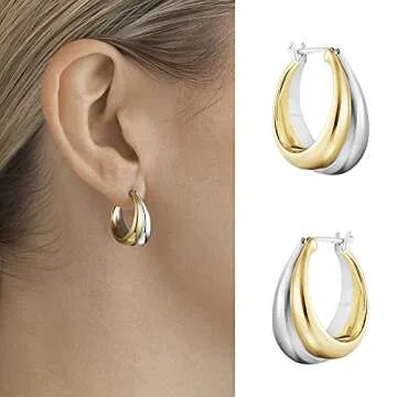 PICKBEAU 18K Two-tone Gold Silver Curve Earrings for Women | Light Weight Italian Design Click Top Chunky Hoop Earrings for Women