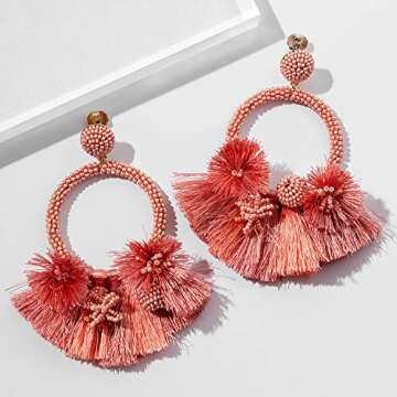 Vibrant Pink Bohemian Fringe Hoop Earrings for Women