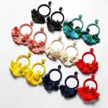 Vibrant Pink Bohemian Fringe Hoop Earrings for Women