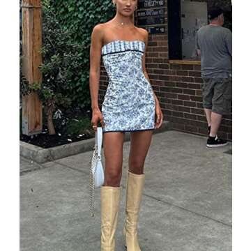 Argeousgor Women Y2k Off Shoulder Short Tube Dresses Strapless Open Back Mini Dress Pleated A-Line Dress Trendy Streetwear, O-blue 2