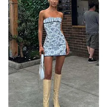 Argeousgor Women Y2k Off Shoulder Short Tube Dresses Strapless Open Back Mini Dress Pleated A-Line Dress Trendy Streetwear, O-blue 2